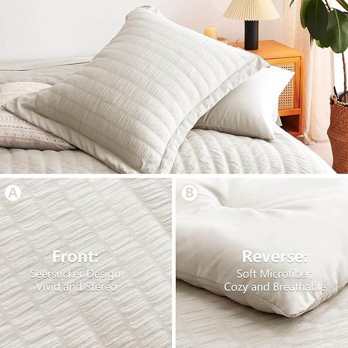CozyLux California King Comforter Set with Sheets 7 Pieces, Beige Seersucker Bed in a Bag Cal King Luxury Soft Bedding Sets with Down Alternative Comforter, Sheets, Pillowcases & Shams for All Season