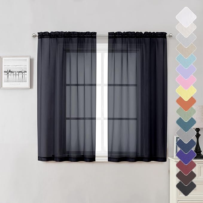 Black Sheer Curtains 54 Inch Length 2 Panels Set, Lightweight Short Curtains by Lecloud