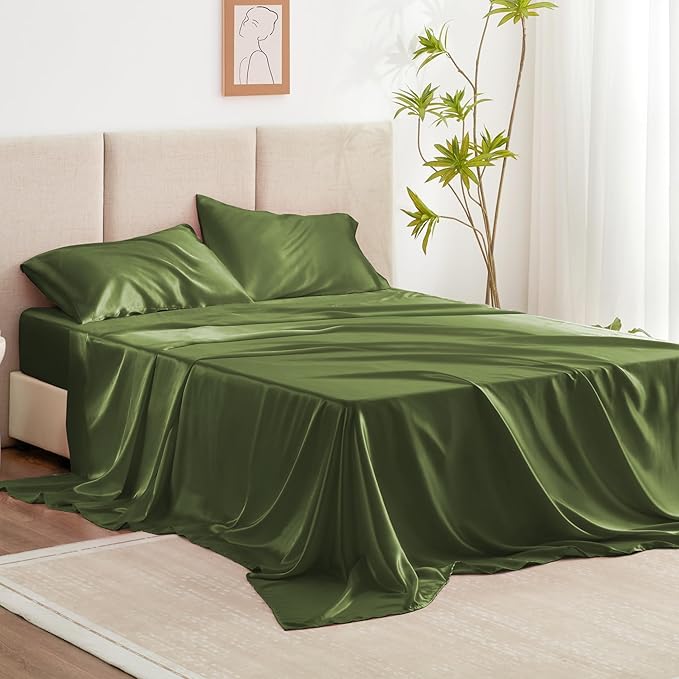 Love's cabin Twin Satin Sheets Sets - 3 Piece Sage Silky Bed Sheets with Deep Pockets, Luxury Silk Feel Satin Twin Size Sheet Set Bedding Set (1 Flat Sheet,1 Fitted Sheet,1 Pillow case)