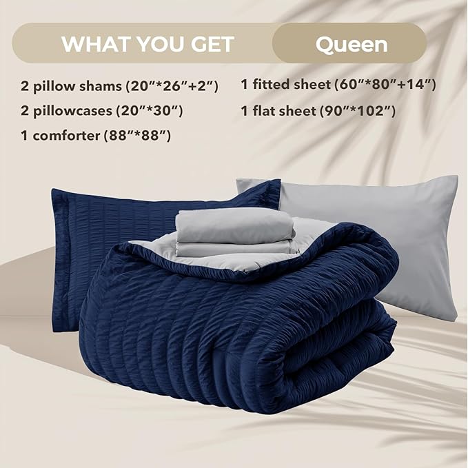 HYMOKEGE Navy Blue/Light Grey Queen Comforter Set Seersucker 7 Pieces, All Season Luxury Bed in a Bag Queen for Bedroom, Bedding Set with Comforter, Sheets, Pillowcases & Shams