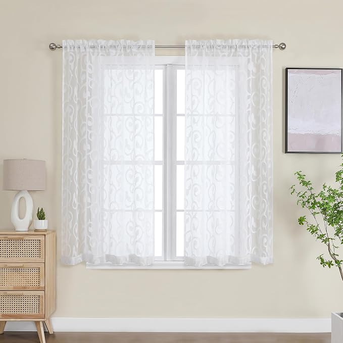 Furman White Sheer Curtains 45 Inch Length 2 Panels Set by OWENIE