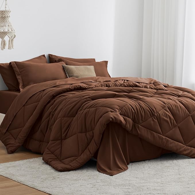 Love's cabin California King Comforter Set Brown, 7 Pieces California King Bed in a Bag, All Season Bedding Sets with 1 Comforter, 1 Flat Sheet, 1 Fitted Sheet, 2 Pillowcase and 2 Pillow Sham
