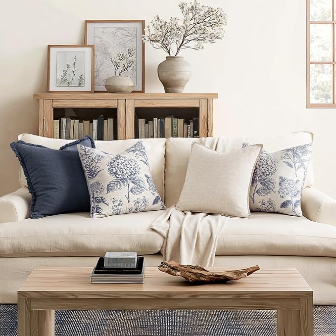Set of 2 Decorative Floral Pillow Covers 22x22 Inch Navy Blue | Neutral - Image 4