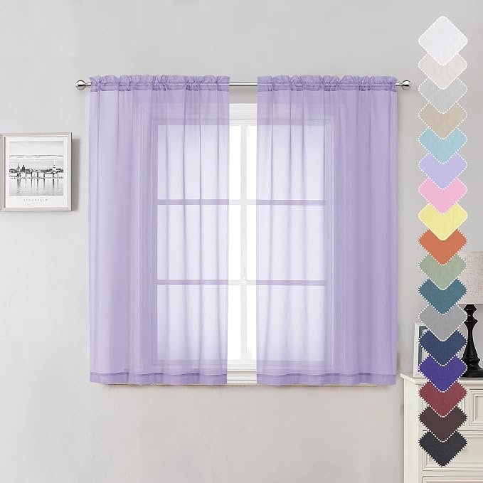 Lavender Sheer Kitchen Curtains 54 Inch Length 2 Panels, Double Rod Pockets by Lecloud
