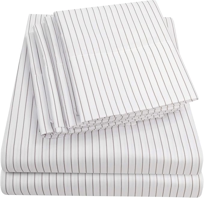 Queen Sheets Pinstripe White - 6 Piece 1500 Supreme Collection Fine Brushed Microfiber Deep Pocket Queen Sheet Set Bedding - 2 Extra Pillow Cases, Great Value, Queen, Pinstripe White
