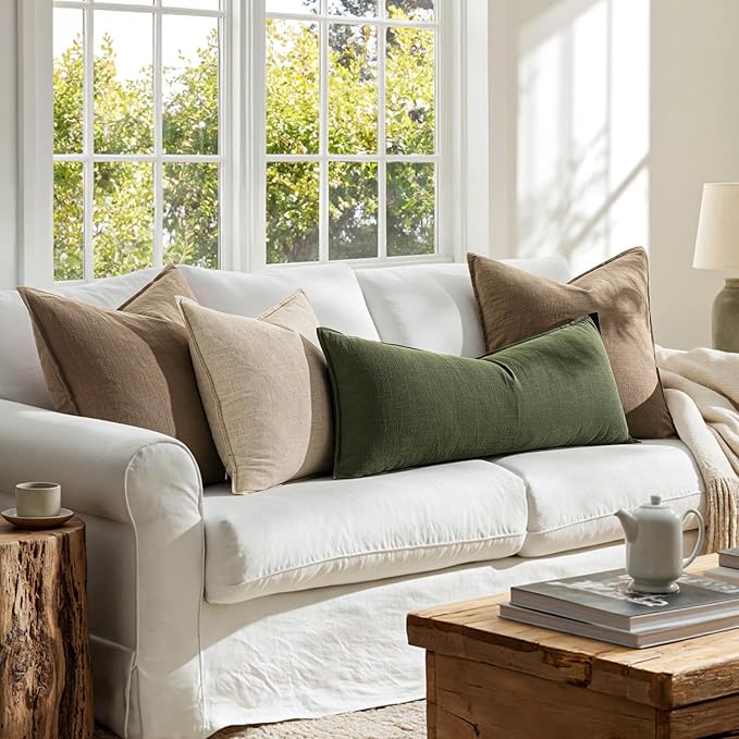 MIULEE Decorative Linen Lumbar Pillow Cover 14x36 Inch Dark Olive Green | Boho - Image 4