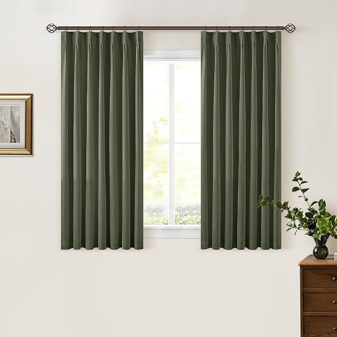 Olive Green Pleated Black Out Linen 45 Inch Curtains - Image 7