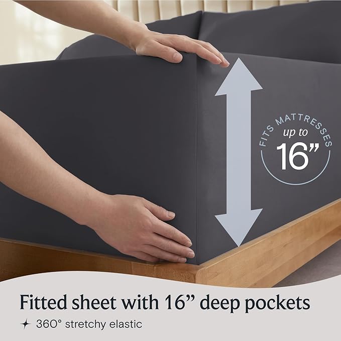 LuxClub 4 PC King Sheet Set, Deep Pockets Wrinkle Free Cooling Bed Sheets Hotel Bedding for Women, Men, Kids & Teens, Includes 1 Fitted Sheet, 1 Flat Sheet and 2 Pillowcases - Silky Soft Dark Grey