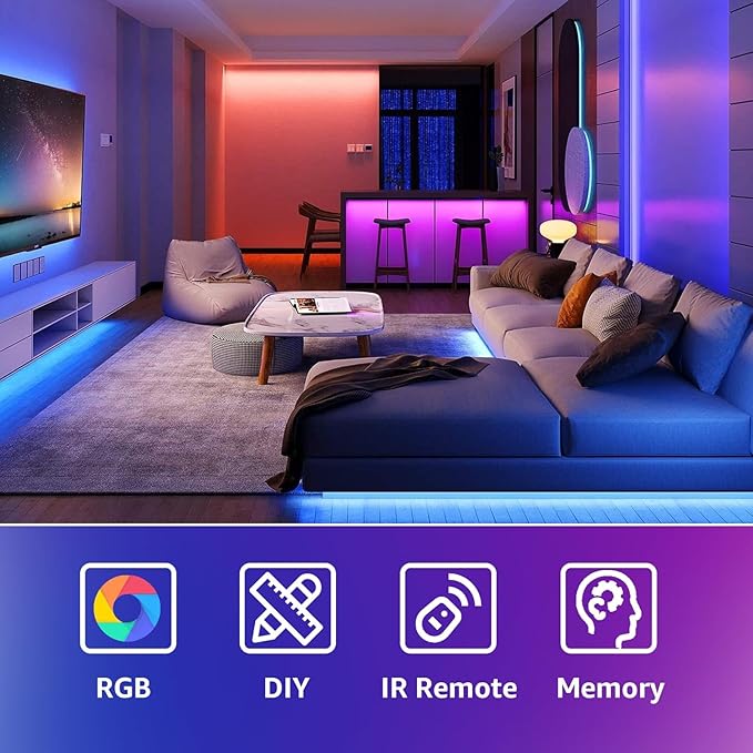 hyrion 50ft USB-Powered RGB LED Strip Lights, Music Sync & Sound-Reactive Color Changing Lights for Bedroom, TV Backlight, Gaming Setup, Bluetooth, IR Remote & Smart App Control