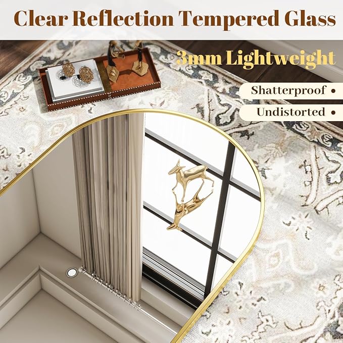 VooBang Arched Wall Mirror, 30 x 38 inch Arch Bathroom Mirror, Wall Mounted Vanity Mirror with Arch Metal Frame, Modern Bathroom Vanity Mirror for Bedroom, Living Room, Hanging or Leaning, Gold