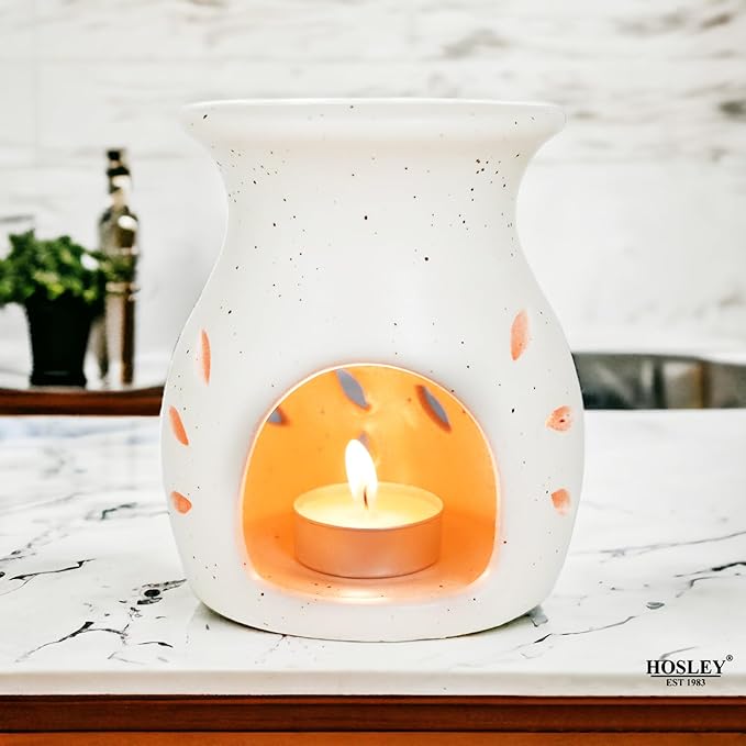 Hosley Elegant Ceramic Oil Warmers with Leaf Pattern and Speckle Design 4.5 Inches High Tealight Compatible for Aromatherapy and Home Decor Set of 3