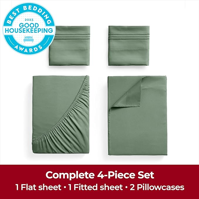Mellanni Extra Deep California King Sheets - 4 PC Iconic Collection Bedding - Hotel Luxury, Ultra Soft, Cooling Bed Sheets - Wrinkle, Fade, Stain Resistant (Cal King, Sage)