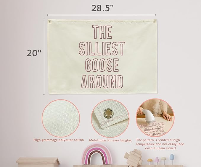 Nursery Rectangular Canvas Banner-Boho Flag Poster Sign for Toddler Boy Girl,Baby Room Above Crib Bedroom Playroom Dorm Wall Decor-Baby Shower Birthday Christmas Gift-The Silliest Goose Around Theme