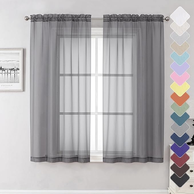 Grey Sheer Curtains 63 Inch Long 2 Panels, Elegant Voile Drapes by Lecloud