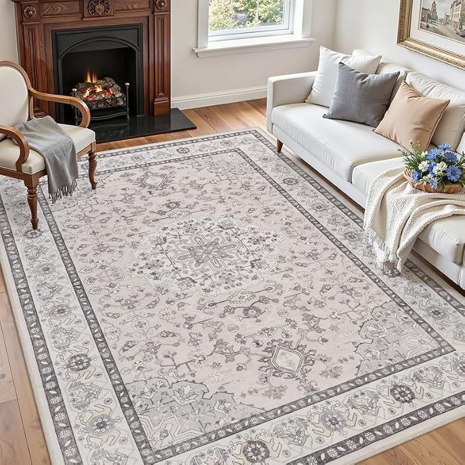 5x7 Area Rugs Living Room: Bedroom Washable Carpet Beige & Grey | Large Vintage - Image 3