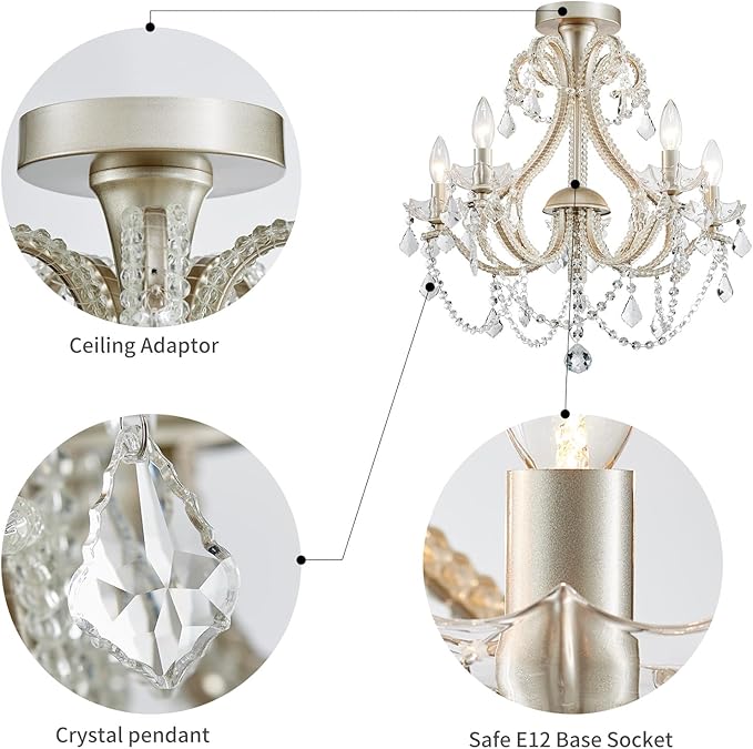 WUZUPS 5-Light Crystal Candle Chandelier Flushmount Ceiling Light Modern Lighting Fixture for Bedroom Hallway Bar Kitchen Bathroom, H 20.9" W 22", E12 Base, Brushed Nickel