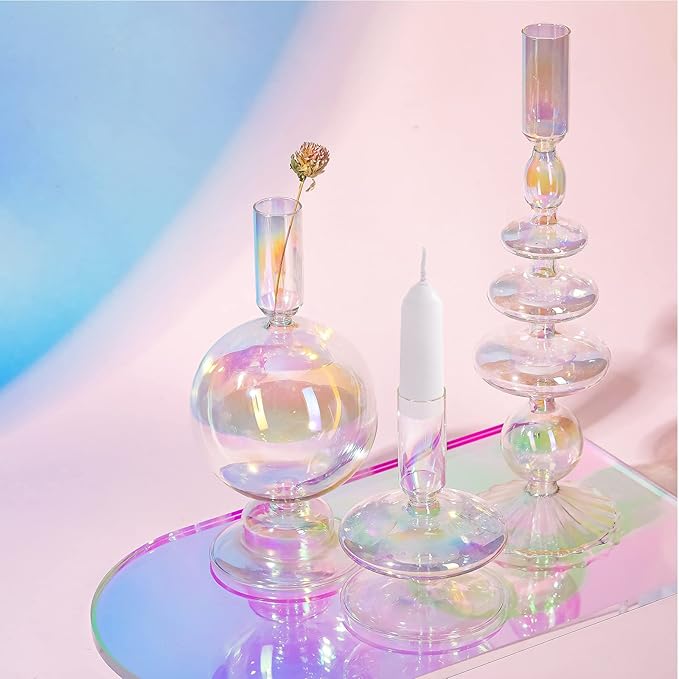 Rtteri 3 Pcs Glass Candlestick Holders Glass Candle Holders Groovy Wavy Elegant Taper Candle Stick for Wedding Home Birthday Party Christmas Halloween Decoration Windowsill Decor(Colorful)