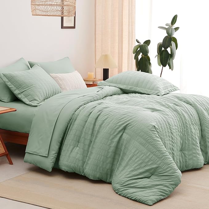 CozyLux King Size Comforter Set Sage Green Seersucker 7 Pieces Bed in a Bag King Comforter Set with Sheets, Luxury Bedding Set with Down Alternative Comforter, Sheets, Pillowcases & Shams All Seasonss