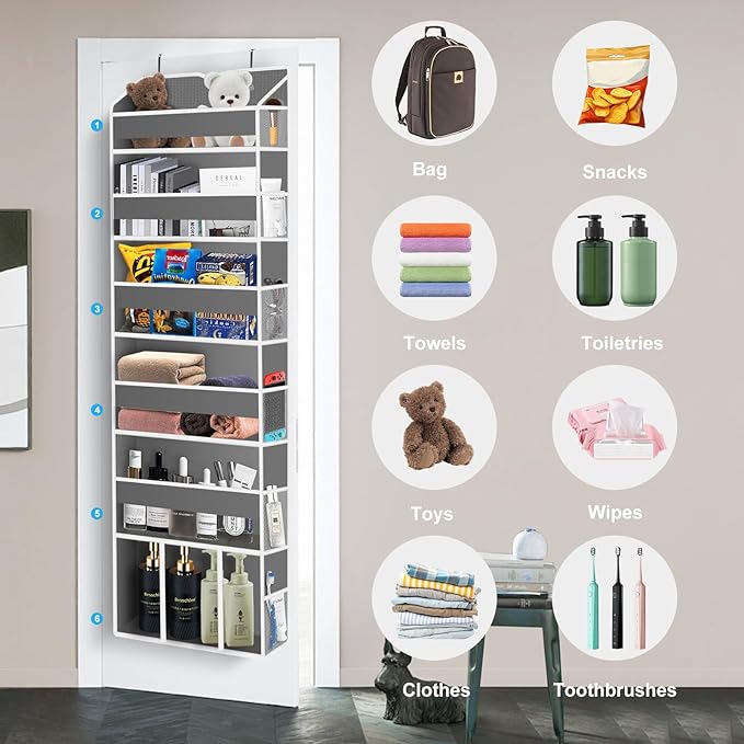 Over The Door Organizer Closet,6 Bins 12 Side Pockets,Hanging Organizer,Anti Tilt 50 lbs Load Organizers and Storage with Clear Window for Bedroom,Nursery,Rv,Bathroom,Camper(Grey)