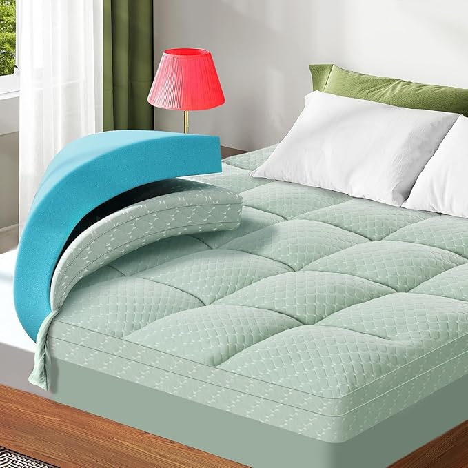 Dual Layer 3 Inch Memory Foam Mattress Topper King Size, 2 Inch Gel Memory Foam Plus 1 Inch Cooling Pillow Top Mattress Pad Cover, with 8-21 Inch Deep Pocket, Green