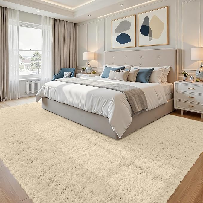 8x10 Fluffy Shag Area Rugs for Living Room Bedroom: Soft Plush Carpet Beige | - Image 4
