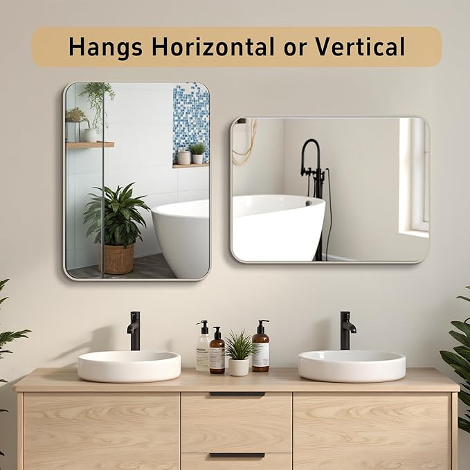 20"x30" Brushed Nickel Bathroom Vanity Mirror for Over Sink, Rounded Rectangle Silver Metal Frame Mirror for Wall, Living Room, Entryway, Vertical or Horizontal