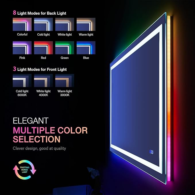 LOAAO 40”X38“ RGB LED Bathroom Mirror with Lights, Large, Anti-Fog, Dimmable Smart Lighted Bathroom Vanity Mirror, Multiple Light Modes, RGB Backlit + Front Light, Memory Function, Tempered Glass