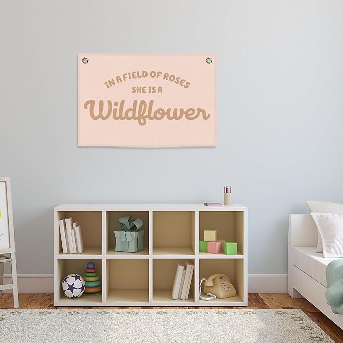 Pink Girls Kids Banner Canvas, Preppy Girly Toddler Room Decor, Inspirational She Is A Wildflower Hanging Flag Sign, Nursery Wall Tapestry Art for Baby Shower Playroom Bedroom Decor 20x30in