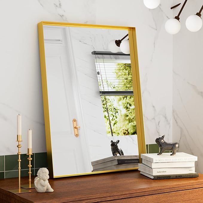55x30 Inch Gold Bathroom Mirrors for Over Sink, Aluminum Metal Framed Mirror, Large Mirror,Wall-Mounted Rectangle Mirrors, Tempered Glass, High Definition, Horizontal/Vertical