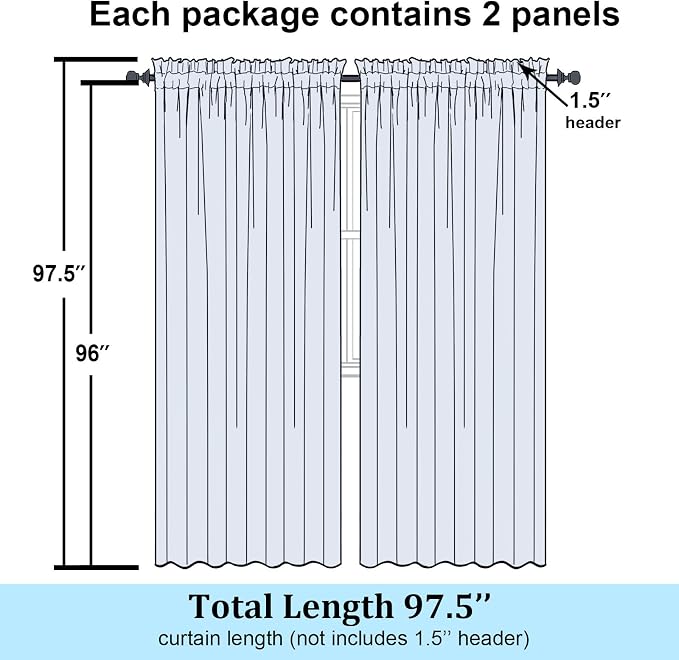 Simplebrand Sheer White Curtains 96 Inches Long, Light Filtering Rod Pocket - Image 2