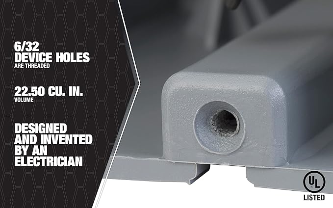Southwire Electrical Box for Lighting Fixture, 50lb Ceiling Fan and 75lb Light Fixture Support, 22.5Cu with Depth Adjustment, 1 Gang, Gray, MSB22+
