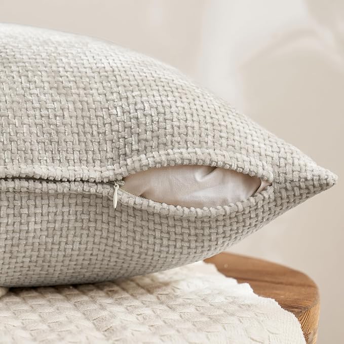MIULEE Soft Decorative Chenille Pillow Covers Cream Grey 20x20 Pack of 4 | - Image 3