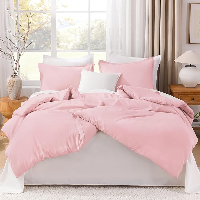 Litanika Comforters Pink Oversized Queen Size, 3 Pieces Lightweight Solid Bedding Set & Collections, All Season Fluffy Bed Set (98x98In Comforter & 2 Pillowcases)