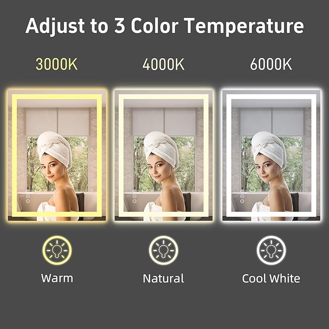 36"x 24" LED Bathroom Mirror with Lights, Anti-Fog, Dimmable, Backlit + Front Lit Smart Mirror, Lighted Bathroom Vanity Mirror for Wall, Shatter-Proof Tempered Glass(Horizontal/Vertical)