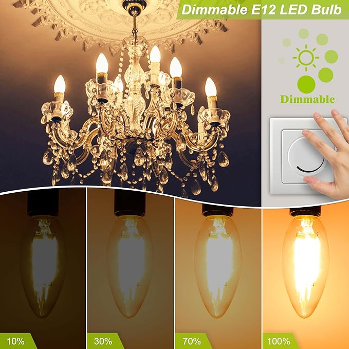 Dimmable Candelabra LED Light Bulb 40W Equivalent, E12 Chandelier Light Bulbs Warm White 3000K , 400LM, CRI 85+, B11 Type B Ceiling Fan Bulb 4W, Clear Filament Candle Light Bulbs Small Base, 10 Pack
