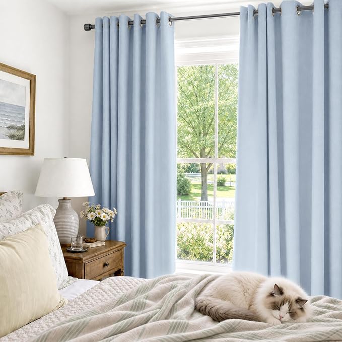 100% Blackout Linen Textured Curtains 90 Inch Long, Chambray Blue | 100% - Image 4