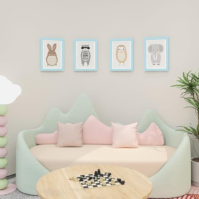 KINLINK A4 Kids Art Frames Set of 2, Solid Wood Kids Artwork Frames Changeable with Acrylic Front Opening Holds 150 Pictures, Art Frame for Kids Artwork with Mat or without Mat, Light Blue