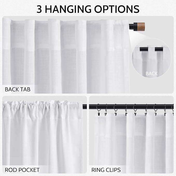 Snow White Linen Curtains 84 Inch Length 2 Panels Set - Image 2