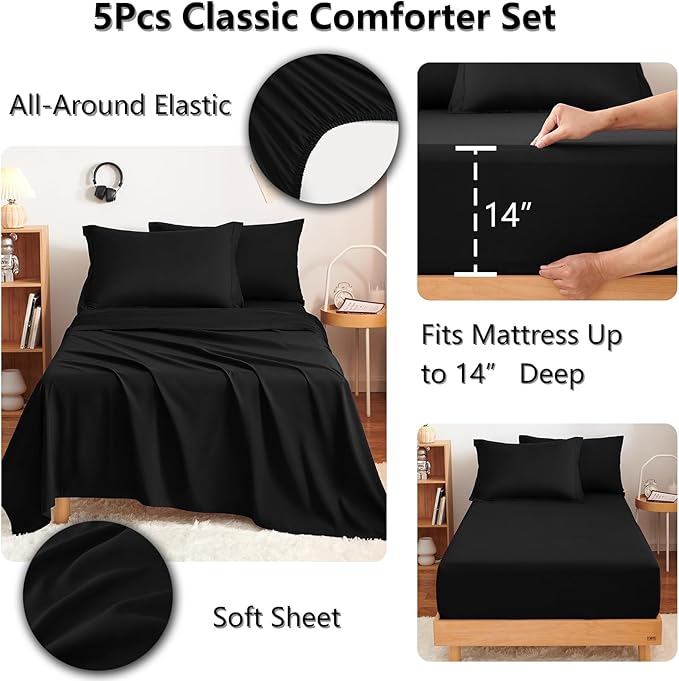 CozyLux Twin XL Comforter Set Black - 5 Pieces Twin Extra Long Bed in a Bag for College Dorm, All Season Bedding Set for Girls and Boys, Soft Bed Set with Comforter, Sheets, Pillowcase & Sham