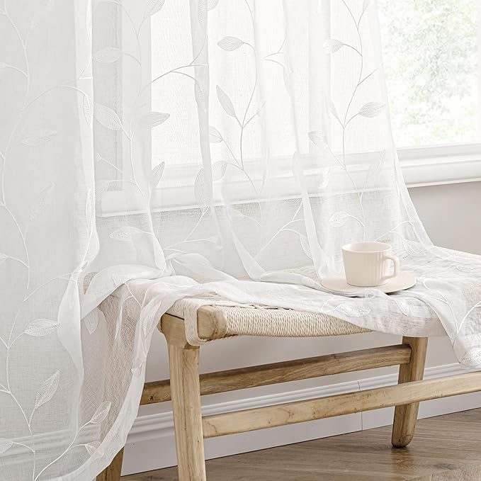 MIULEE White Sheer Curtains 2 Panels Embroidered Leaf Patterned, W52 x L84 | by MIULEE