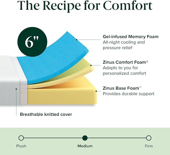 ZINUS 6 Inch Green Tea Cooling Memory Foam Mattress [New Version], King, Fiberglass Free, Medium Firmness, Cooling Gel Foam, Certified Safe Foams & Fabric, Mattress in A Box