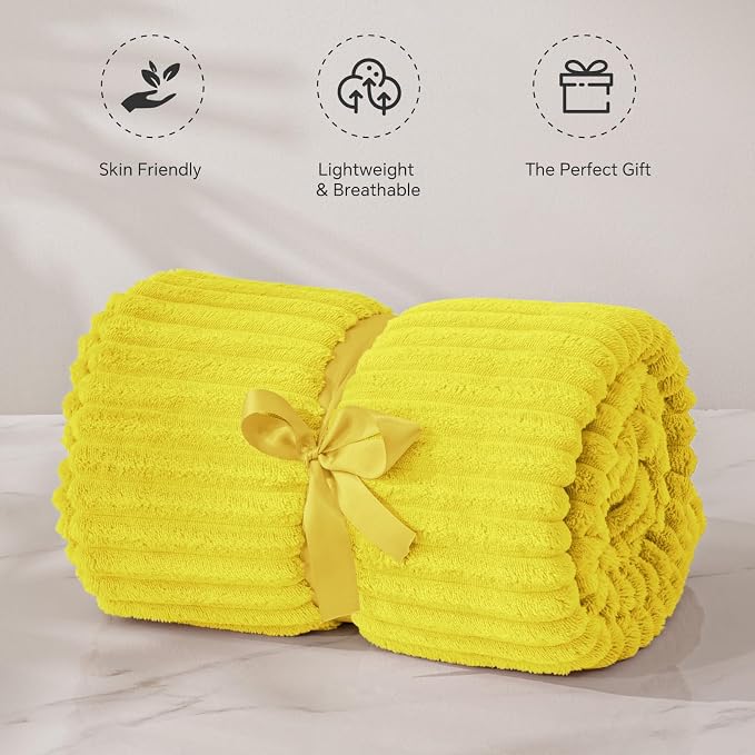 BEDELITE Ribbed Jacquard Yellow Fleece Throw Blanket - Image 5