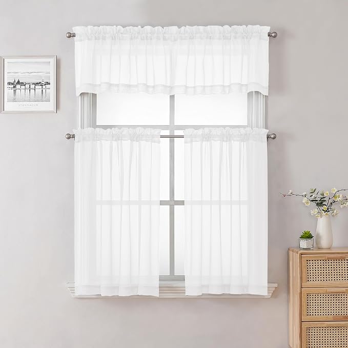 Sheer White Valances for Windows 18 Inch Length 2 Pcs, Cafe Kitchen Curtains - Image 5