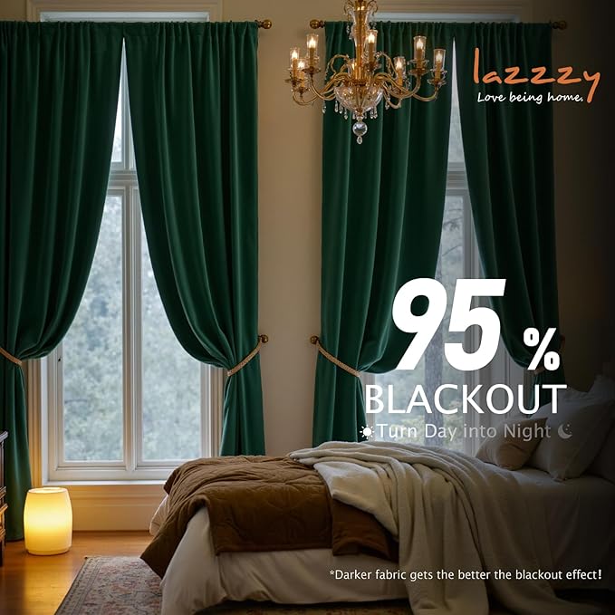 Lazzzy Velvet Blackout Curtains Thermal Insulated Room Window Drapes Super Soft Luxury Curtains for Living Room Bedroom Rod Pocket 2 Panels, Emerald Green, 62" W x 84" L