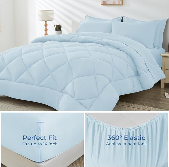 HEVUMYI Queen Comforter Set - 7-Piece All Season Bed in a Bag Queen, Ultra Soft Bedding Set with Comforter, Flat Sheet, Fitted Sheet, Pillowcases, Pillow Shams, Greyish Blue