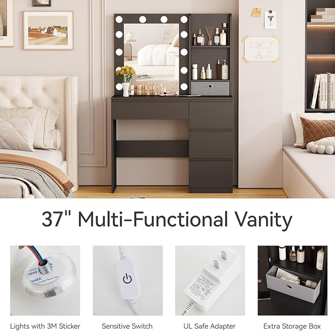 Vabches Makeup Vanity with Lights, 37inch Vanity Desk, 4 Large Drawers Dresser with Lighted Mirror, 3 Lighting Modes Brightness Adjustable, Black