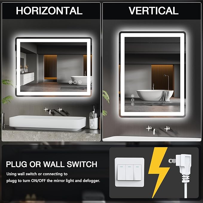 LED Bathroom Mirror 48"x 30" with Front and Backlight, Anti-Fog, Lighted Bathroom Vanity Mirror for Wall, Dimmable, Shatter-Proof, Rounded Rectangle Mirror Tempered Glass(Horizontal/Vertical)