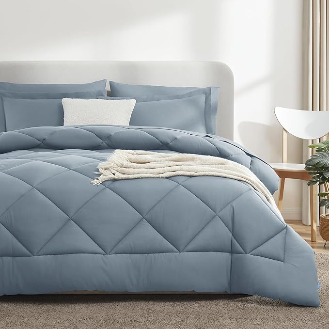 CozyLux Full Size Comforter Sets Dusty Blue - 7 Pieces Bed in a Bag Full, Luxury Soft Bed Set for All Seasons, Bedding Set with Down Alternative Comforter, Sheets, Pillowcases & Shams, Grayish Blue