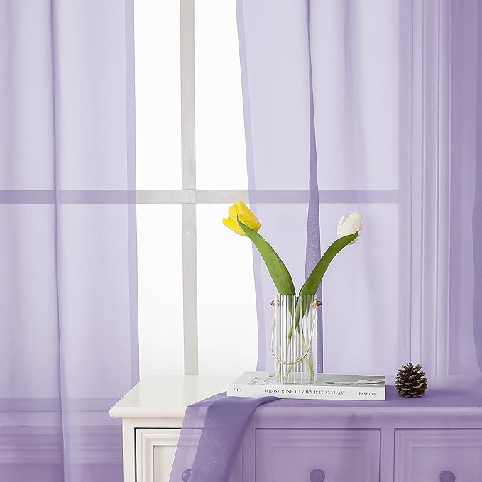 Lavender Sheer Kitchen Curtains 54 Inch Length 2 Panels, Double Rod Pockets - Image 3
