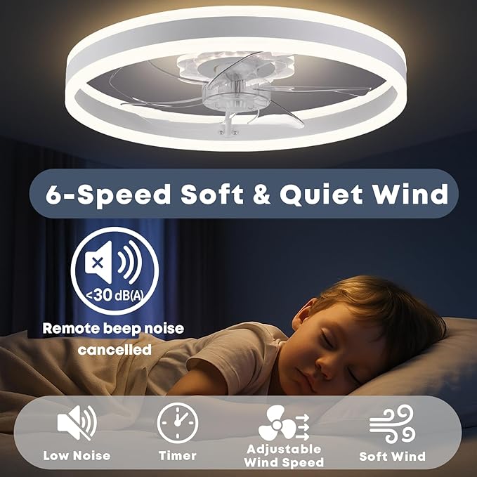 Ceiling Fan with Light, Upgraded 20‘’ Low Profile Fan, Flush Mount Ceiling Fan, 6 Speeds, Dimmable LED, App & Remote Control, Quiet DC Motor, for Bedroom, Living Room, F105 White
